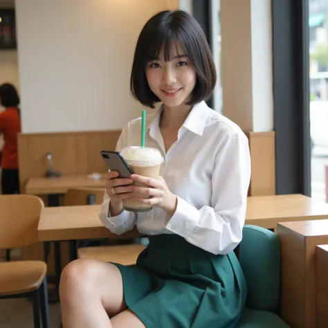 Top quality, Masterpiece, Real Photo, A very nice Japanese girl in a Starbucks Coffee, 17years old , Natural make-up, Black hair, Bob hair, Wearing a white-shirts and an emerald green school uniform skirt, The shirt has three buttons open from the top, ver...