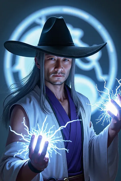   high detail  ,   Realistic, HDR,  Super clearly , ,  ,  ultra high resolution ,  High dynamic range  + The low noise level ,   The character from the game Mortal Combat Raiden is an adult Asian,  white glowing eyes ,there is a big Casa hat on the head , ...