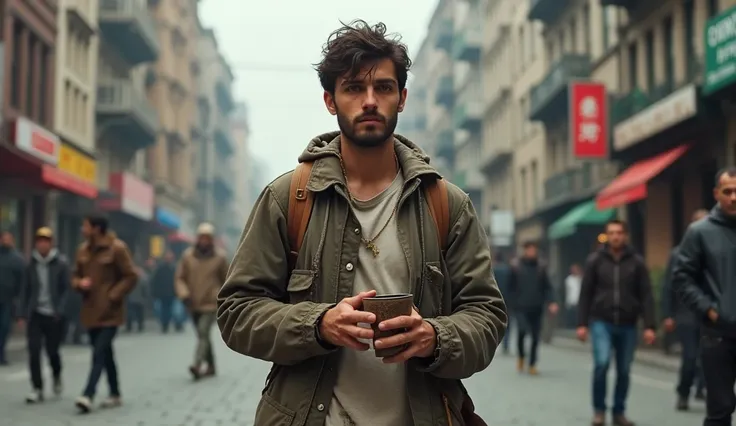 A 25 years old young man like beggar standing on street with confidence 