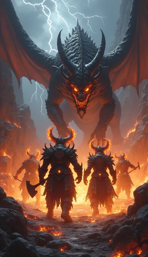 " Draw an epic battle between horned demon warriors with flaming eyes,  armed with a huge axe decorated with mystical carvings ,  against the giant fire-spewing black dragon .  The demon warrior is surrounded by an aura of flaming fire ,  with armor glowin...