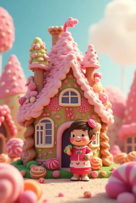 A cute little man is standing in front of a house made of candy and eating a candy house、3d、 real