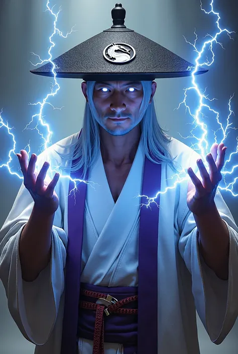   high detail  ,   Realistic, HDR,  Super clearly , ,  ,  ultra high definition ,  High dynamic range  + The low noise level ,   The character from the game Mortal Combat Raiden is an adult Asian,  white glowing eyes ,Japanese big Casa hat , gray hair, has...