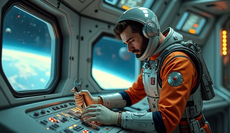 Maximum quality masterpiece, 4k resolution, (best quality,4k,8k,highres,masterpiece:1.2), ultra-detailed, (realistic, photorealistic, photo-realistic:1.37), HDR. A retro-futuristic engineer, dressed in a stylish 1950s-inspired spacesuit, is deep in concent...