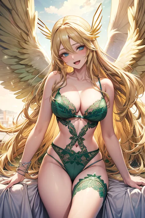 angewomon,very detailed、(((green lingerie))), highest quality、best image quality、masterpiece、8k、anime face、a kind smile、open mou...