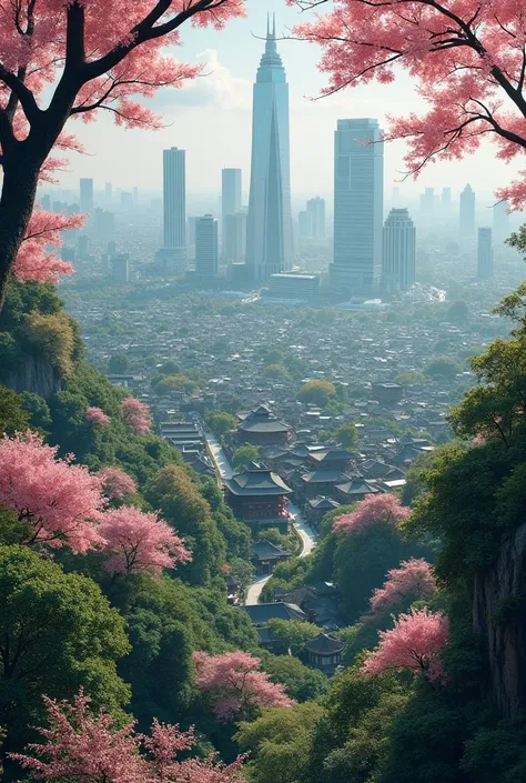  Large city with several Asian houses in the surrounding area with beautiful gardens, hidden in a forest of trees with pink leaves seen from above