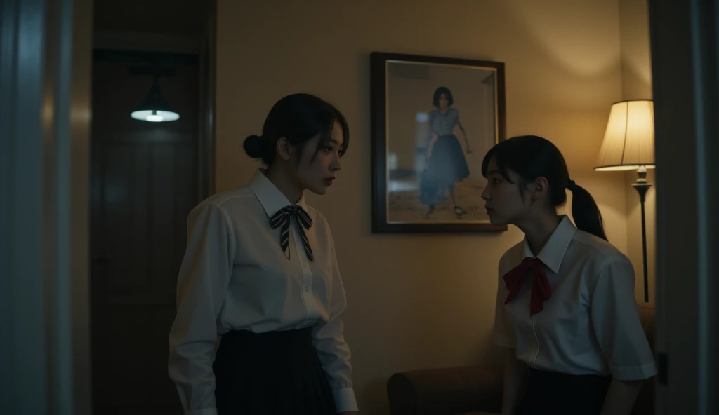 HD，8k quality， A 25-year-old young girl ， looks like a movie star Harumi Sato，Looks sharp and mean ，Wearing a black shirt ，jeans， short black hair 。 standing in the room reproaching the opposite girl ， The girl on the opposite side was an 18-year-old young...