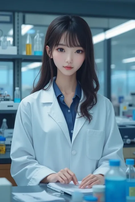 Beautiful Japanese actresses、Idol、 the young woman is working in a laboratory environment . She is wearing a white coat,  indicates the possibility of engaging in scientific research and experimentation .  her dark brown hair is long 、a little wavy, It han...