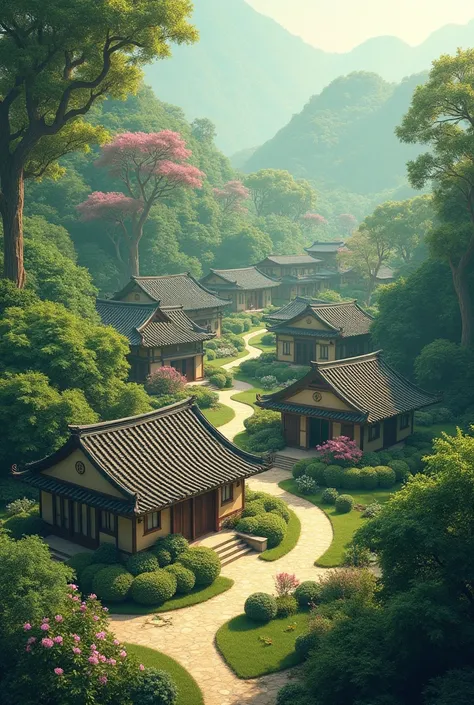 Village with several Asian houses in the surrounding area with beautiful gardens, hidden in a forest of trees with pink leaves seen from above