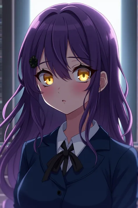 Yandere girl with a long, wavy purple hair with yellow eyes wearing dark blue Japanese high school uniform