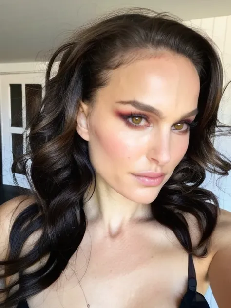 Soft natural diffuse lighting, Instagram selfie of a woman with beautiful wavy hair, natxportman, older middle aged woman, slight wrinkly face. wide chiseled jawline, big lips, very huge breasts. pointy nose. shiny hair. thick long black hair. high deep ch...