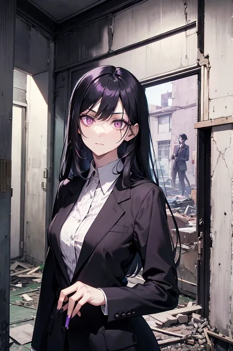 Tall woman, long pale black hair, odd purple and yellow eyes, holding a cigarette, looking at you with narrow, sharp eyes, wearing a black suit, background of a room in an abandoned building, underworld, dangerous atmosphere, pastel colors, cold atmosphere...