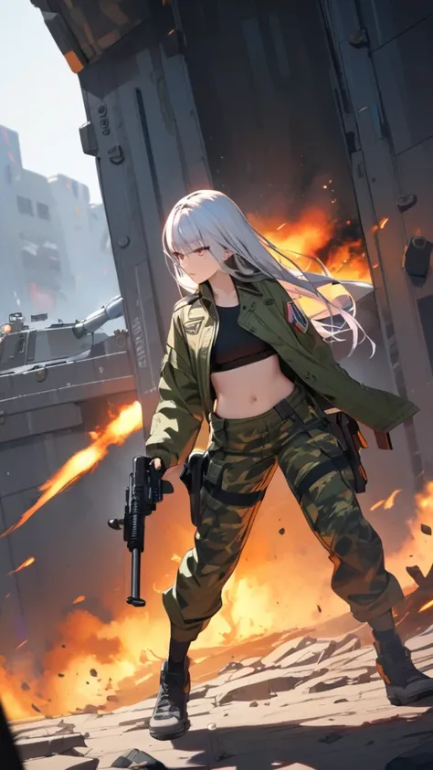  1 girl, (Calm expression),  long straight hair ,  military jacket ,  camouflage pants ,  small breasts,  determined figure , 
break, ( bright colors :1.2),  Tight Atmosphere  , Strong impression , Artistic details, A fascinating sensation, break, In front...