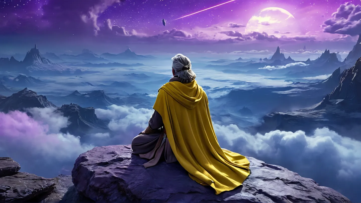 arcan3styl3v1, masterpiece, highcontrast, a jedi master with a yellow (old  ragged, cloak, cape) sitting on rock meditating, top...