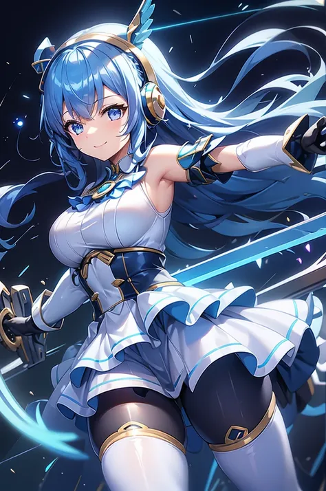 smile、smile、mecha wing、thighs、tights、chest、shiny blue hair、 1 girl、 solo girl 、 headset 、idol dress、 i have a sword、 has a shiel...