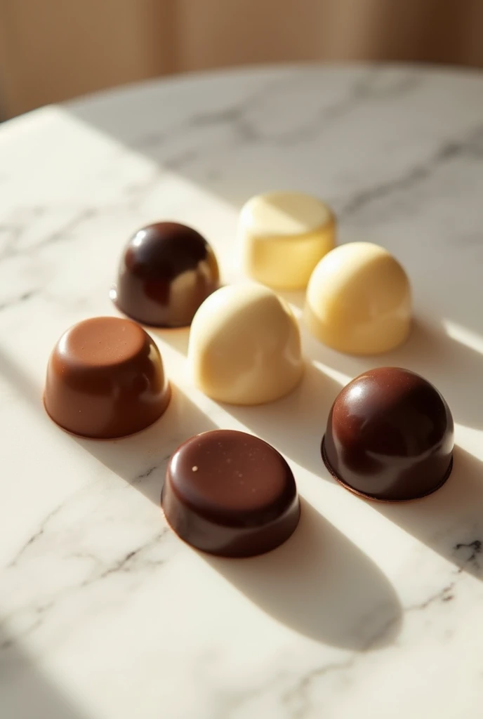 Generate an elegant photo of assorted classic chocolates, including milk, dark, and white chocolate pieces arranged on a white marble surface. Soft natural lighting, with a timeless and luxurious feel, emphasizing smooth textures and deep colors 