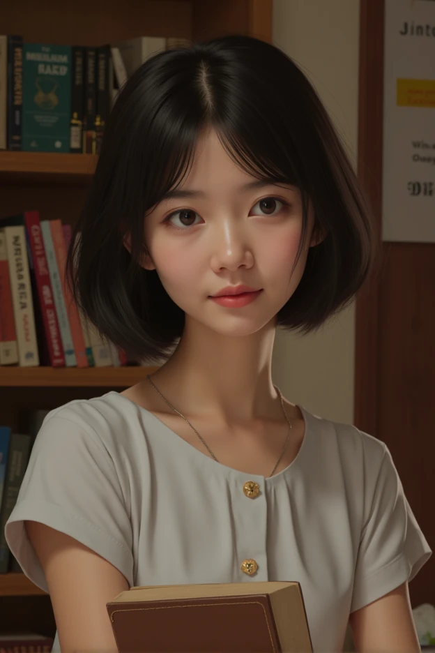 realistic, photo-realistic,(Alone), high school students、Realistic) 、Asian、 the older sister of a graduate student who is er spoils her elementary school brother、Looks smart、Girl&#39;s Room、Bookshelf、There is a difficult book on it 