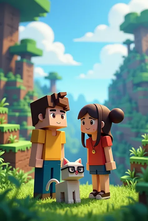  Make two people like Minecraft , that they are in the game ,  who is a boy with brown hair,  a girl with Chinese hair and glasses , and a cat