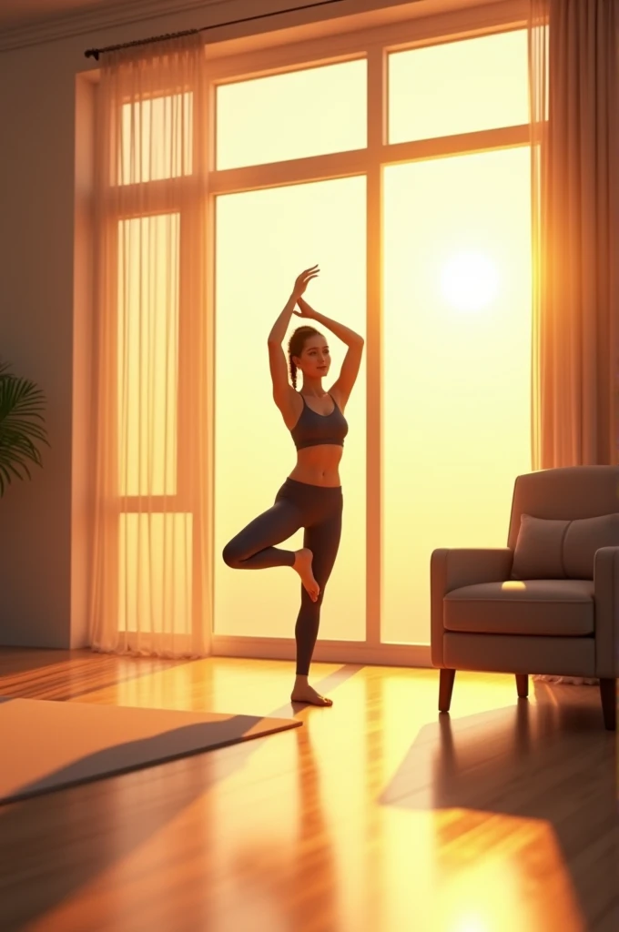 A person stretching in the morning by a large window with sunlight streaming in. They look refreshed, in comfortable workout attire, ready to start the day with positive energy."