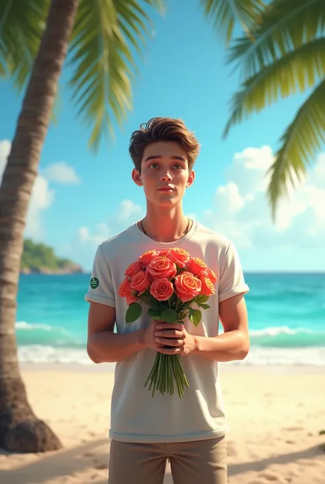 Genrate me a image a boy waiting for a girl at beach with roses