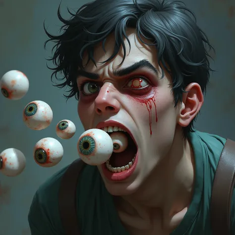 A gruff male high school student is standing with his eyeball hollowed out。 a large amount of eyeballs are being spit out of that male high school students mouth。