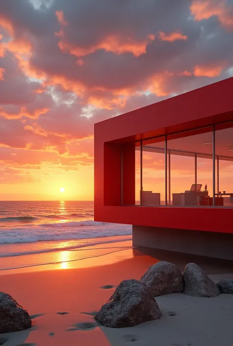 Red house on the beachfront with large glass windows overlooking the sunset 