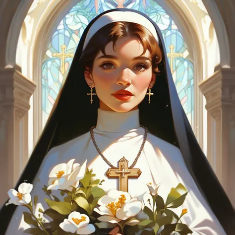 masterpiece,  beautiful illustration, young woman, flowers, Catholic, catholic church