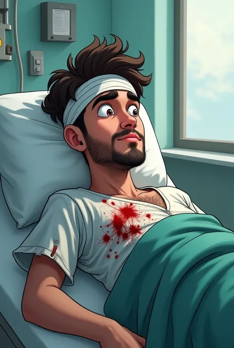 Kamal, a 20-year-old boy, is lying on a hospital bed in a critical condition with a bandage on his head and blood on it. His clothes are so tattered make this image in cartoon