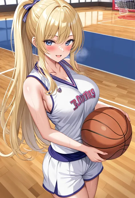 1 female　 blonde long hair 　Beautiful girl　High school girl　Im wearing a basketball uniform　Basketball court　Im playing a basket　 Flowing sweat