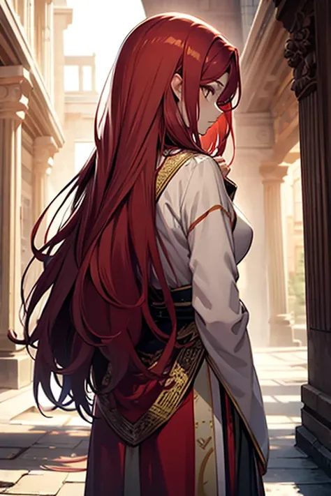 Back view of a girl with long red hair，Wear ancient costumes