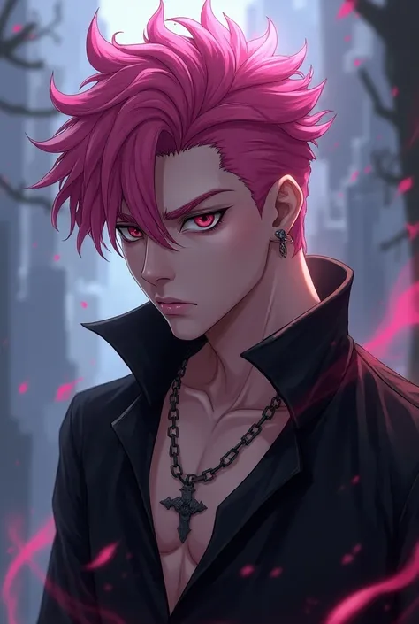 A male character with pink hair,com vibe de bad boy, Fantasy anime style