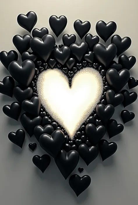 Bunch of black hearts, a single white glowing heart in middle