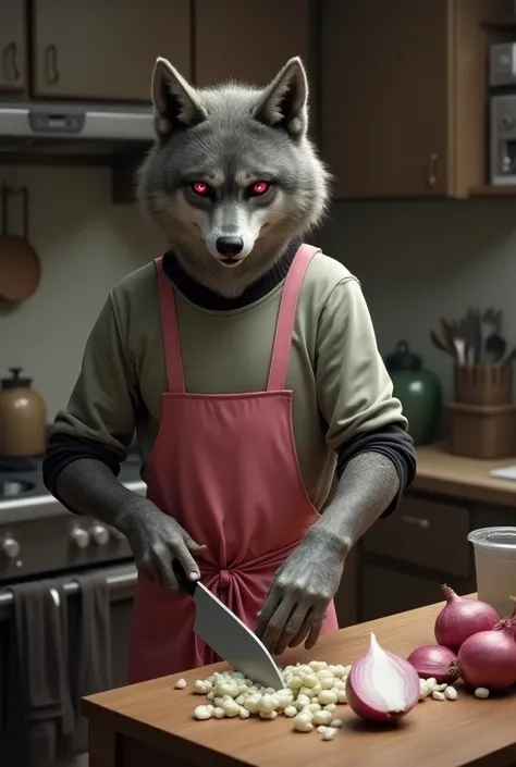 Wolf Face　
Make them keep an eye on the color red
long sleeve t-shirt with black collar
arm roll up 　 pink apron
Stand in the kitchen
Hold a knife in your left hand
Onions on the right
Finely chop the onion