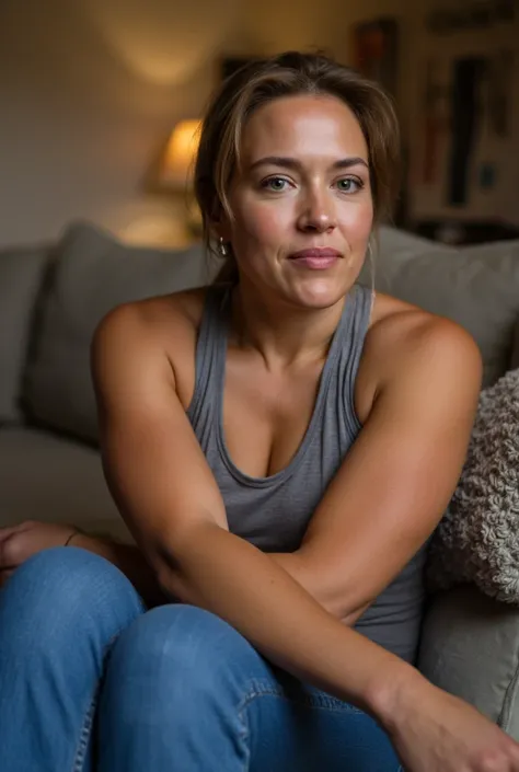 athletic beautiful mid 40s Canadian woman wearing tank top and jeans sitting on sofa in living room. thick upper arms. photograph