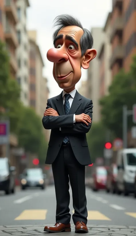 An indian businessman ratan tata, who was the owner of tata motors and tata company he has his real long shaped face that is cartoon type, a big head and a small boy body. Crossing his hands and walking on a street. He is cute and  cartoon type realistic i...