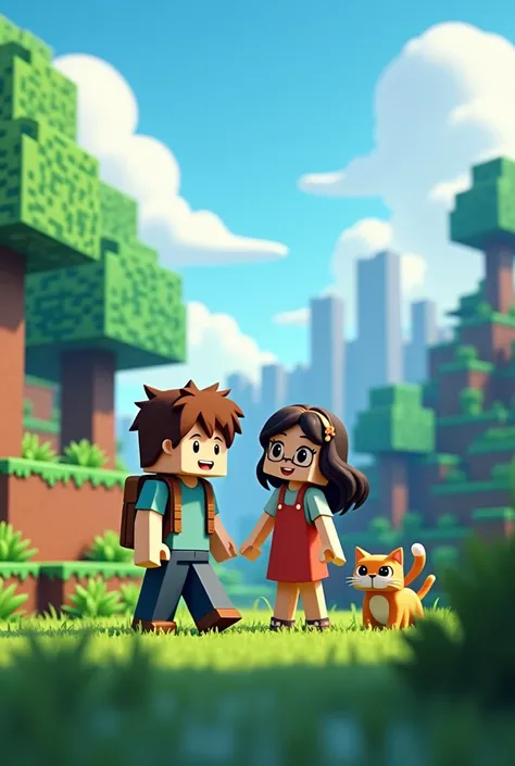  Make two people like Minecraft , that they are in the game ,  who is a boy with brown hair,  a girl with Chinese hair and glasses , and a cat