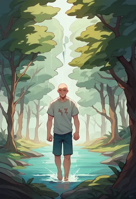 Realistic, sharp, contrast and colorful images. An Indonesian man, 60 years old, truly bald, slim, height 175 cm, weight 68 kg, wearing cream casual T-shirt with short pants. He is walking at the narrow road in the housing complex on the evening while 
 ra...