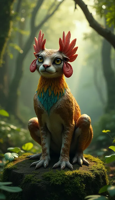 "A fantastical hybrid animal combining features of a rooster, puma, and frog in a lush, dense forest. The creature has the muscular, agile body of a puma with strong, webbed hind legs resembling a frogs, ideal for powerful leaps. Its head resembles a roost...