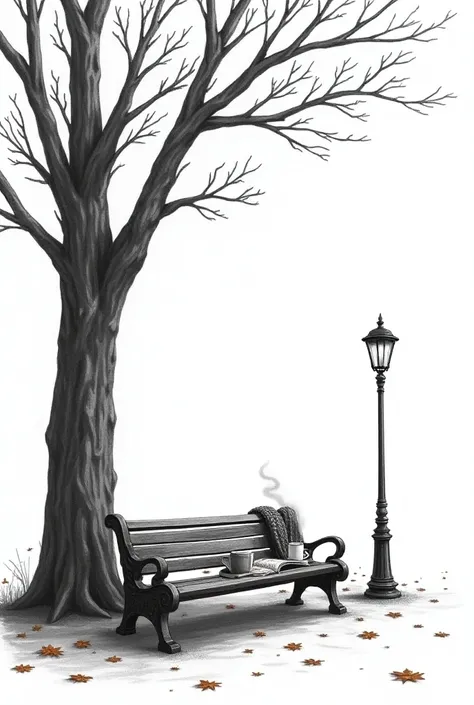 Create a ,  in black and white all as if it were a realistic drawing ,  showing a park in autumn ,  on the left a large tree that represents the autumnal park,  on the right next to it a bench with an open book , with steaming coffee and a winter scarf , O...