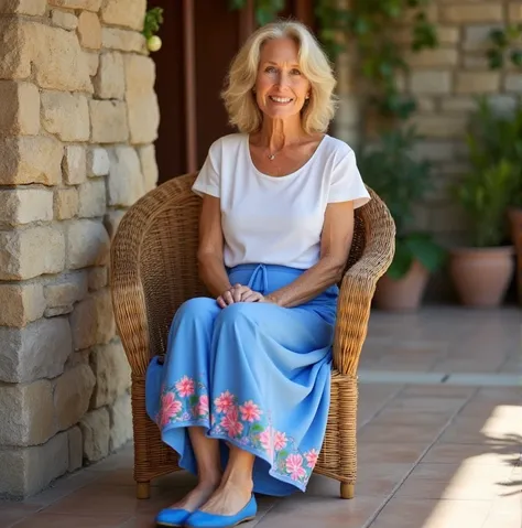 

A mature woman seated on a wicker chair against a rustic stone wall, dressed in a white top and a blue skirt with vibrant floral patterns at the hem. The woman has blonde hair styled in a soft wave, with gentle lines on her face that add to her mature, g...