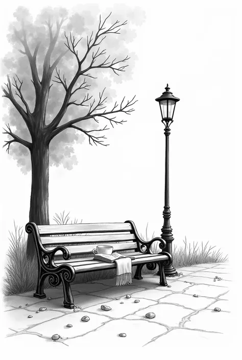 Create a ,  is already in black and white all as if it were a realistic drawing ,  showing a park in autumn ,  on the left a large tree that represents the autumnal park,  on the right next to it a bench with an open book , with steaming coffee and a winte...