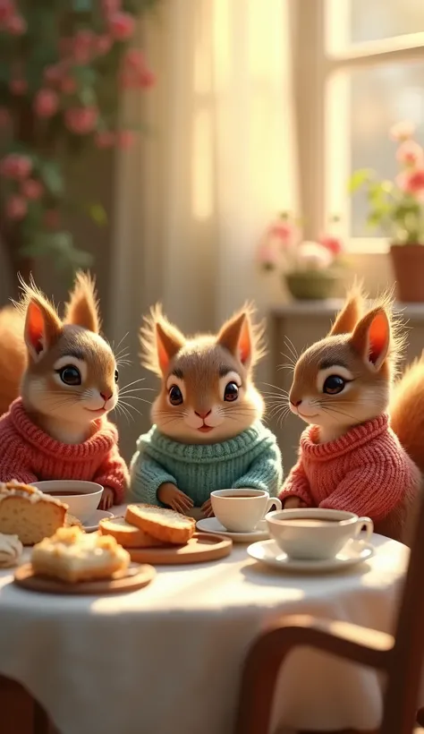 A family of 4 small squirrels wearing knitted sweaters having breakfast sitting at a table with bread, cakes and coffee cups, (best quality,4k,8k,highres,masterpiece:1.2),ultra-detailed,(realistic,photorealistic,photo-realistic:1.37),detailed squirrels, in...