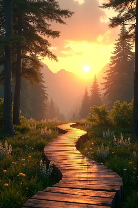 sunrise illuminating a winding wooden pathway through a lush green landscape, surrounded by tall evergreen trees, misty mountains in the background, soft golden and warm orange hues blending in the sky, the pathway reflecting the sunlight, serene atmospher...