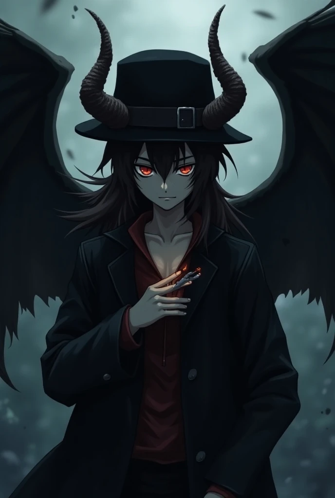 Make him into a dark anime character with horns and wings and hat and cigarette 