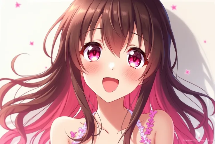 High Resolution, 1girl, Long Hair, Brown Hair, pink fade, Large breasts, Open Mouth, Pink Eyes, Tongue Out, Full-face Blush, Furrowed Brow, Heart In Eye, Moaning, Anime Style, 