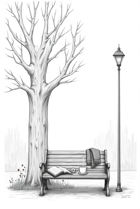 Create a ,  in black and white all as if it were a realistic drawing ,  showing a park in autumn ,  on the left a large tree that represents the autumnal park,  on the right next to it a bench with an open book , with steaming coffee and a winter scarf , O...