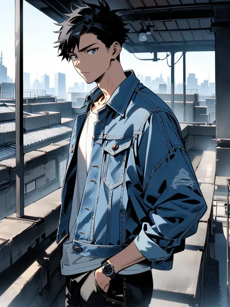 {{upper body body}} {{Artist: kubo tite}} 1boy, toned male, short hair, black hair, denim jacket, 1wristwatch, standing, hand in pocket, indoor, rooftop, looking at viewer.