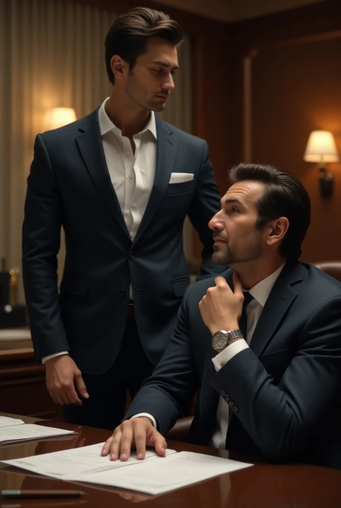 A beautiful man ceo  with dark hair standing beside the side of a table looking and smirking at the beautiful man with dark brown hair sitting in chair organizing papers in a office