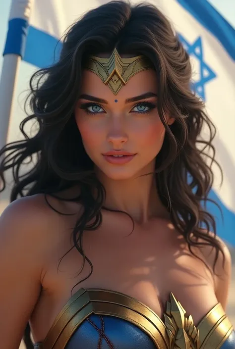 (photorealism:1.2), Realistic, nice-looking Wonder Woman, wearing bright clothes, in outdoors, light blueish eyes, blue eyeliner, using mascara, may show waist down, Life-like, beautiful, non-cartoon model, heroic, holding a flag of Israel 