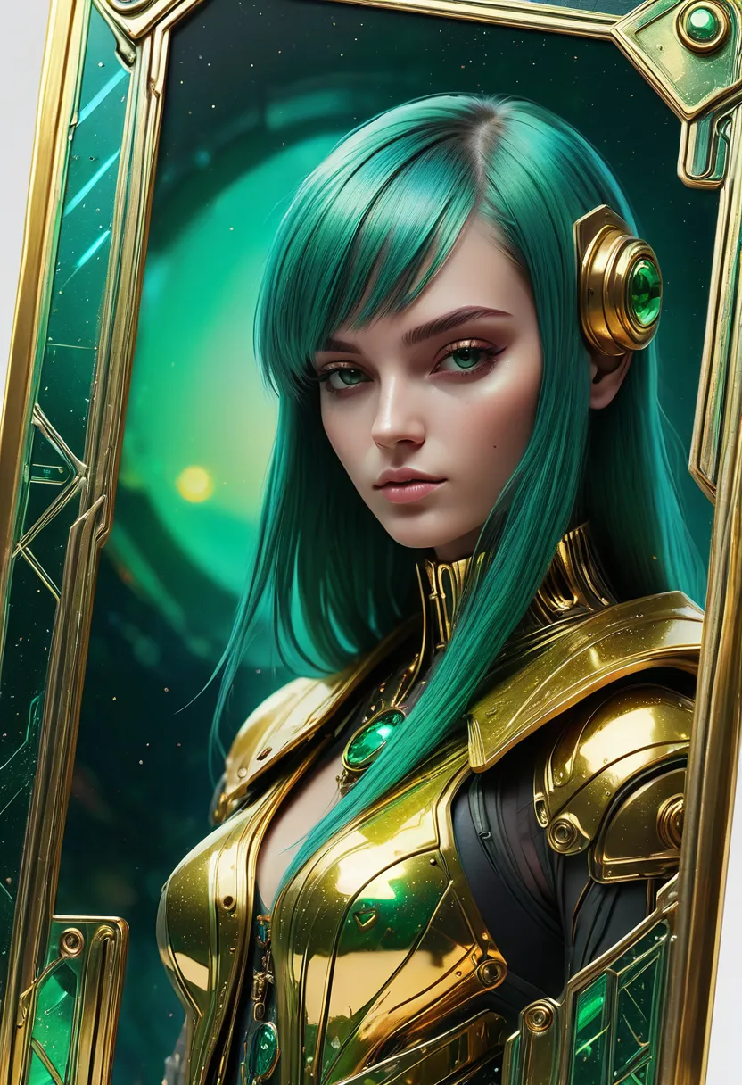 a close up of a colorful cyberpunk style tarot card frame. no text, laced with cybernetic, metallic paint stroke, holographic, holographic metal, Iridescence mix colors of gold with emerald green reflections. (masterpiece, realistic, 3d, 8k), on a white ba...