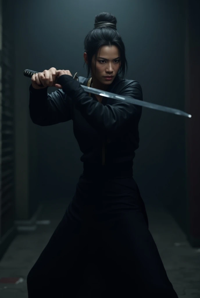 Create an image of a Japanese assassin holding a katana in a ready stance. The assassin is dressed in traditional dark ninja attire, with a stealthy and intense expression. The background is dark and atmospheric, with subtle lighting to emphasize the assas...